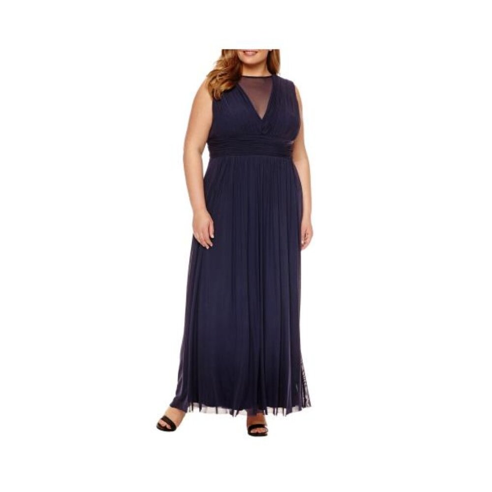 Blue Sage Sleeveless Mesh V Neck Gown - Plus New With Tags Size 18W